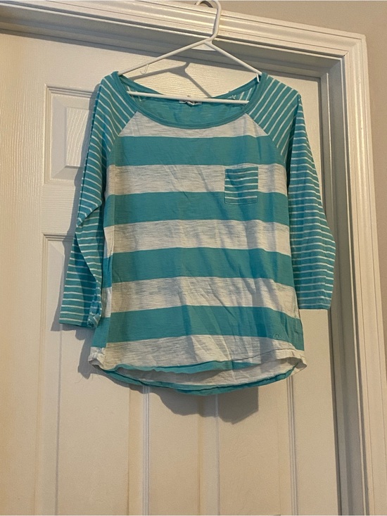 Aeropostale Tops - Aeropostale Teal and White Striped Tee with Pocket